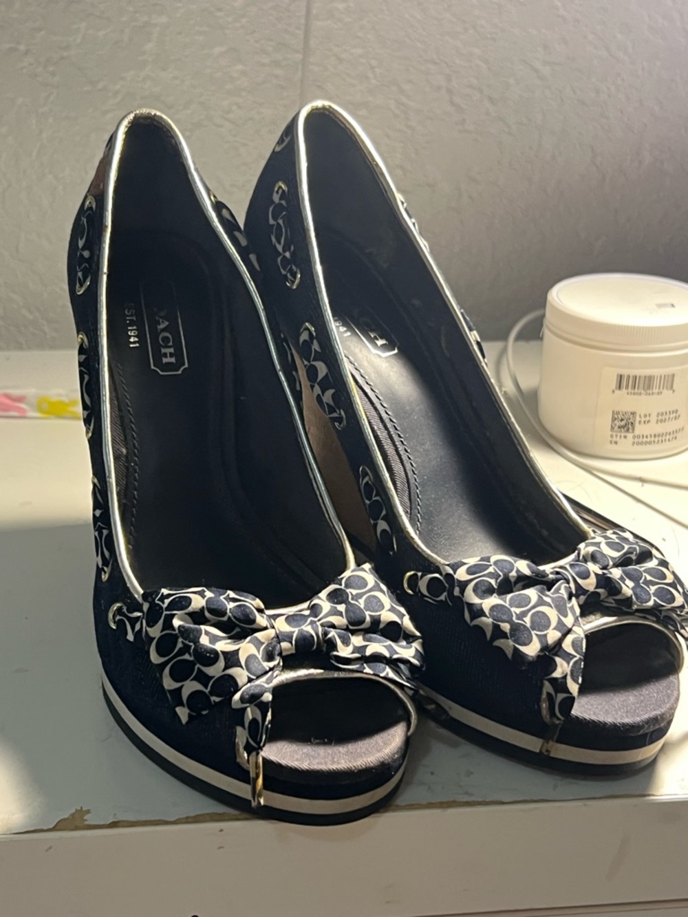 Coach Navy and White Signature Bow Peep-Toe Flats